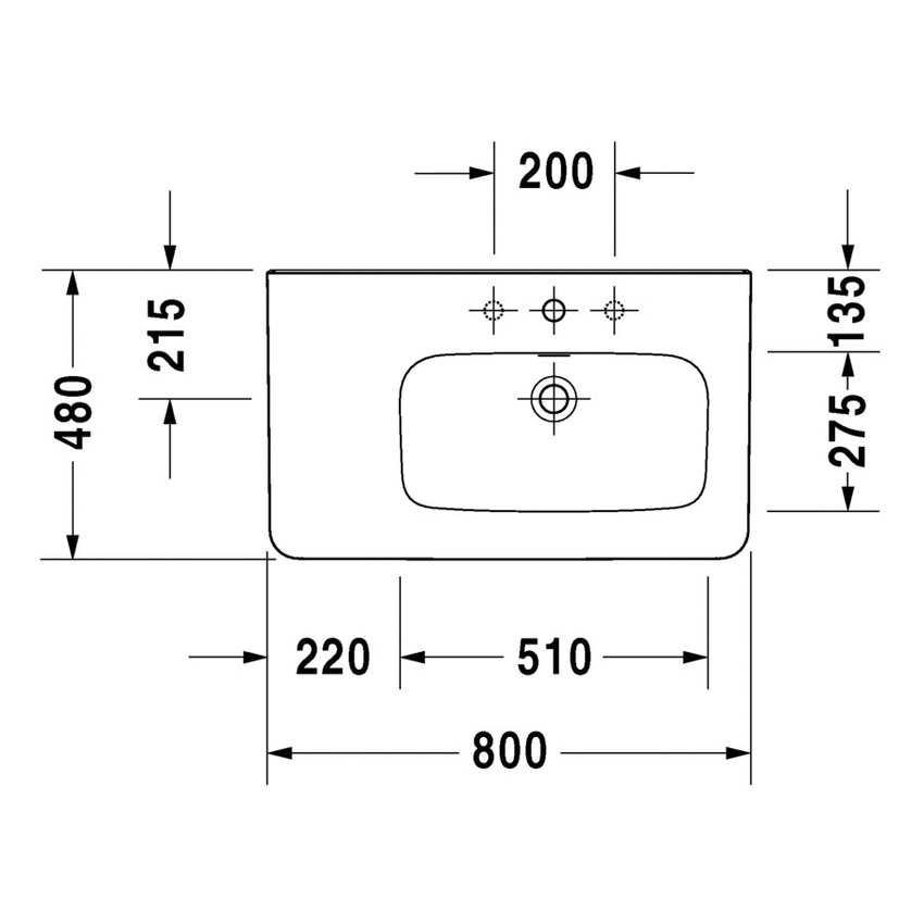 Immagine di Duravit DURASTYLE lavabo consolle asimmetrico 80 cm monoforo, con bacino a destra, con troppopieno e bordo per rubinetteria, lato inferiore smaltato, colore bianco 2326800000