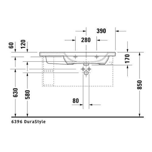Immagine di Duravit DURASTYLE lavabo consolle asimmetrico 80 cm monoforo, con bacino a destra, senza troppopieno e bordo per rubinetteria, WonderGliss, lato inferiore smaltato, colore bianco 23268000411
