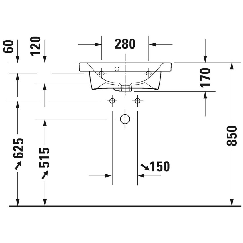 Immagine di Duravit DURASTYLE lavabo consolle Compact 55 cm monoforo, con troppopieno, con bordo per rubinetteria, lato inferiore smaltato, colore bianco 2337550000