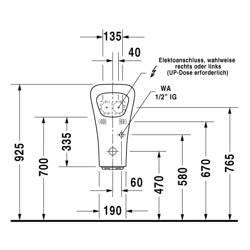 Immagine di Duravit DURASTYLE orinatoio modello elettronico per allacciamento alla rete, entrata posteriore nascosta, ad aspirazione, senza mosca, con scarico orizzontale, colore bianco 2804310093