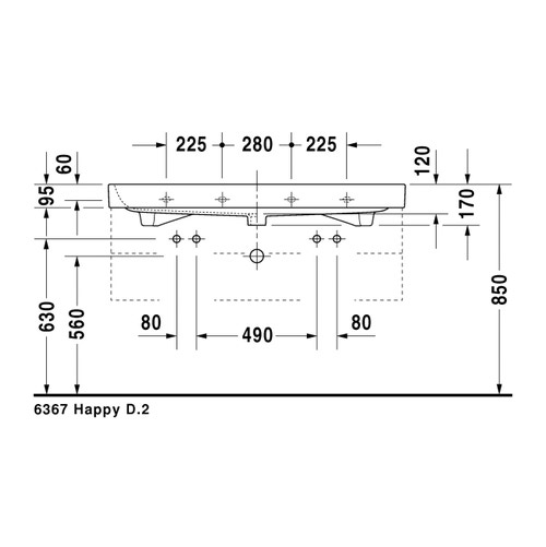 Immagine di Duravit HAPPY D.2 lavabo consolle 120 cm, doppio foro per doppia rubinetteria, con troppopieno, colore bianco 2318120024