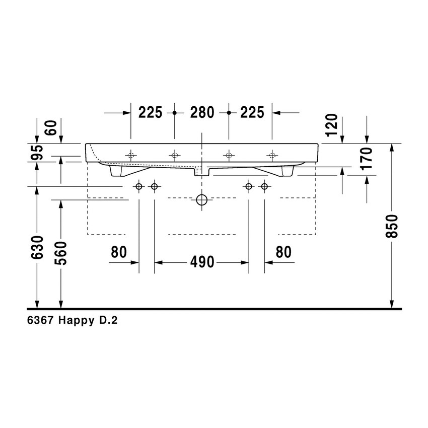 Immagine di Duravit HAPPY D.2 lavabo consolle 120 cm, doppio foro per doppia rubinetteria, con troppopieno, colore bianco 2318120024