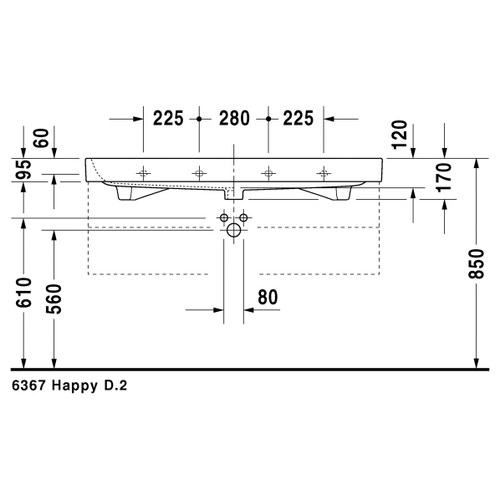 Immagine di Duravit HAPPY D.2 lavabo consolle 120 cm, senza foro, con troppopieno, colore bianco 2318120060