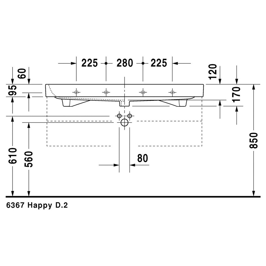 Immagine di Duravit HAPPY D.2 lavabo consolle 120 cm, monoforo, con troppopieno, WonderGliss, colore bianco 23181200001