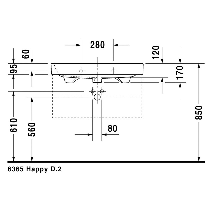 Immagine di Duravit HAPPY D.2 lavabo consolle 80 cm, senza foro, con troppopieno, WonderGliss, colore bianco 23188000601