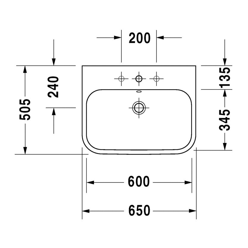 Immagine di Duravit HAPPY D.2 lavabo consolle 65 cm, senza foro, con troppopieno, colore bianco 2318650060