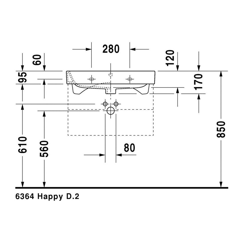 Immagine di Duravit HAPPY D.2 lavabo consolle 65 cm, monoforo, con troppopieno, WonderGliss, colore bianco 23186500001