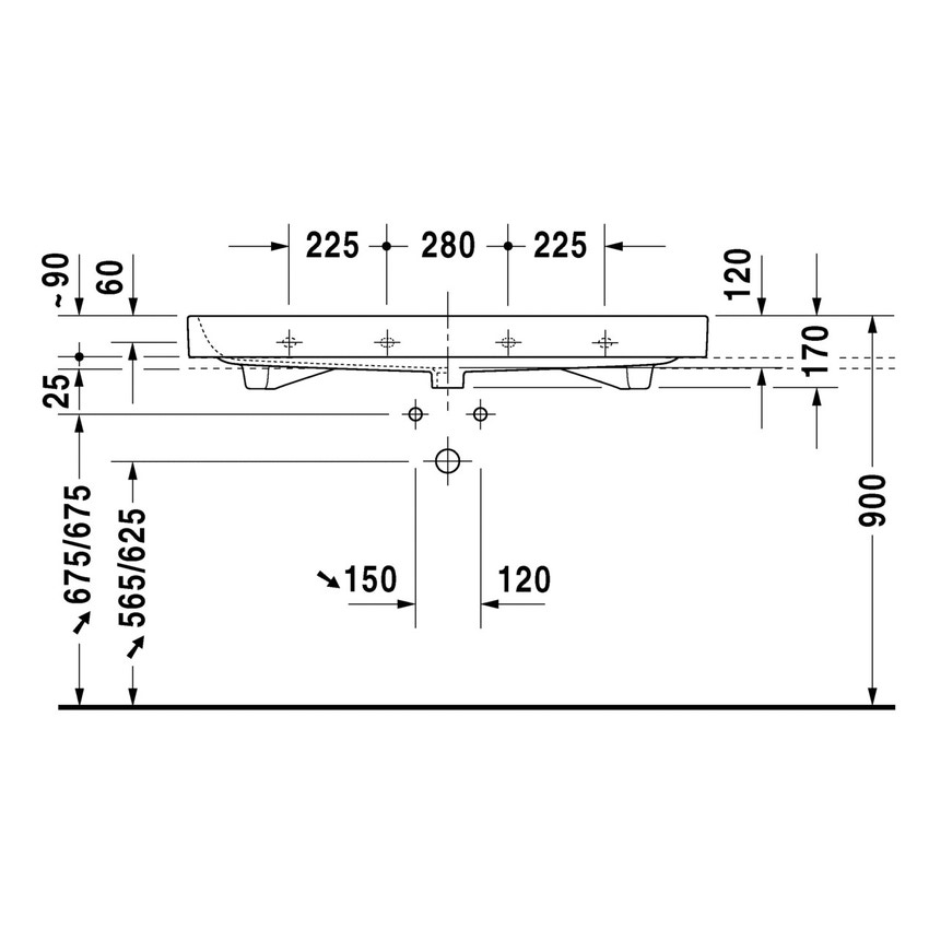 Immagine di Duravit HAPPY D.2 lavabo consolle rettificato 120 cm, monoforo, con troppopieno, WonderGliss, colore bianco 23181200271