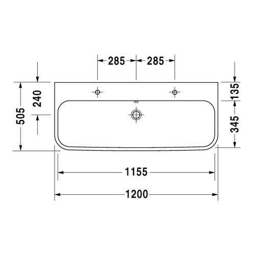 Immagine di Duravit HAPPY D.2 lavabo consolle rettificato 120 cm, con doppio foro per doppia rubinetteria, con troppopieno, colore bianco 2318120026