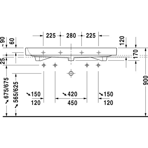 Immagine di Duravit HAPPY D.2 lavabo consolle rettificato 120 cm, con doppio foro per doppia rubinetteria, con troppopieno, colore bianco 2318120026