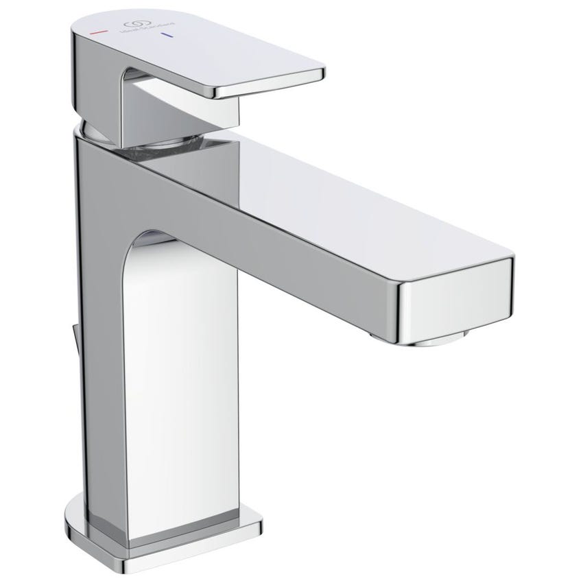 Immagine di Ideal Standard EDGE miscelatore monocomando lavabo H.14.4 cm, con sistema di apertura a freddo Bluestart, asta di comando scarico e piletta, finitura cromo A7102AA