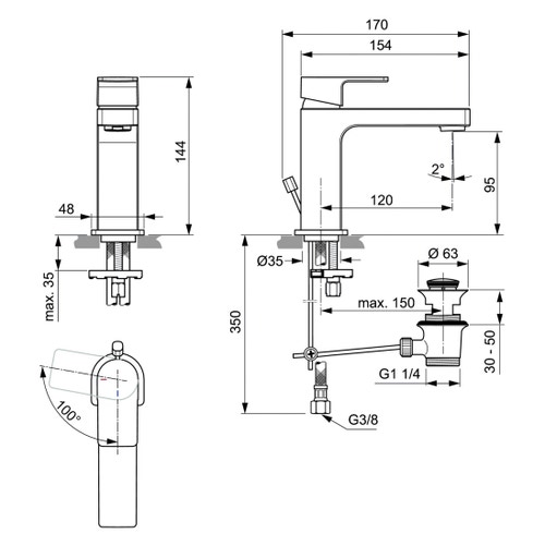 Immagine di Ideal Standard EDGE miscelatore monocomando lavabo H.14.4 cm, con sistema di apertura a freddo Bluestart, asta di comando scarico e piletta, finitura cromo A7102AA