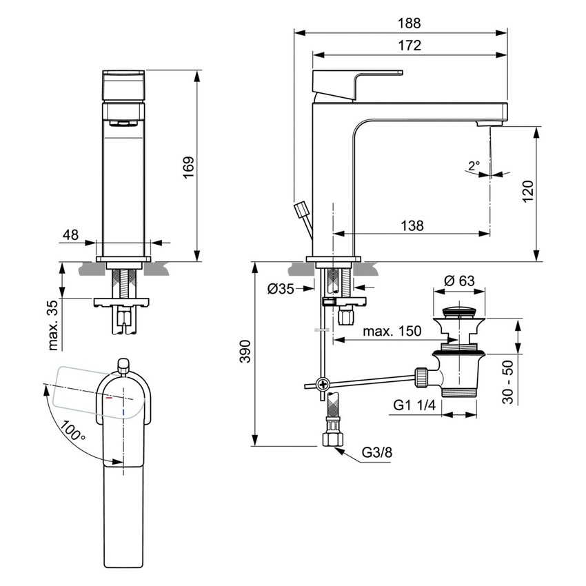 Immagine di Ideal Standard EDGE miscelatore monocomando lavabo H.17 cm, con sistema di apertura a freddo Bluestart, asta di comando e scarico piletta, finitura cromo A7107AA