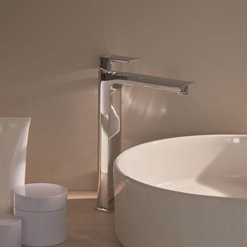 Immagine di Ideal Standard EDGE miscelatore monocomando da appoggio su piano H.29 cm, con asta di comando e scarico piletta, finitura cromo A7112AA