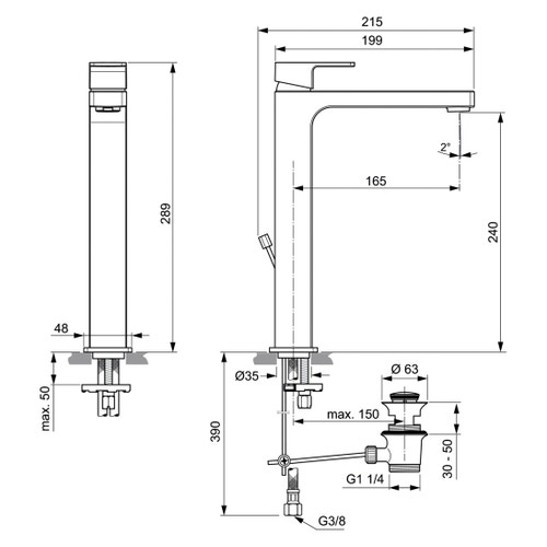 Immagine di Ideal Standard EDGE miscelatore monocomando da appoggio su piano H.29 cm, con asta di comando e scarico piletta, finitura cromo A7112AA