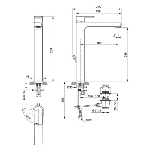 Immagine di Ideal Standard EDGE miscelatore monocomando da appoggio su piano H.29 cm, con sistema di apertura a freddo Bluestart, asta di comando e scarico piletta, finitura cromo A7113AA