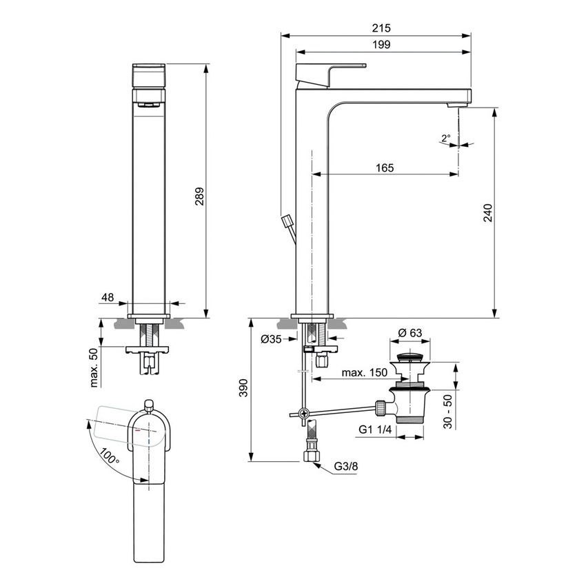 Immagine di Ideal Standard EDGE miscelatore monocomando da appoggio su piano H.29 cm, con sistema di apertura a freddo Bluestart, asta di comando e scarico piletta, finitura cromo A7113AA