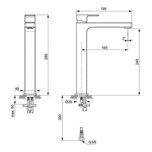 Immagine di Ideal Standard EDGE miscelatore monocomando da appoggio su piano H.29 cm, senza asta di comando e scarico piletta, finitura cromo A7114AA