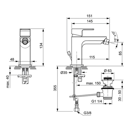 Immagine di Ideal Standard EDGE set rubinetteria con miscelatore lavabo senza scarico, miscelatore bidet con scarico, miscelatore monocomando ad incasso doccia e corpo incasso, finitura cromo SETED004