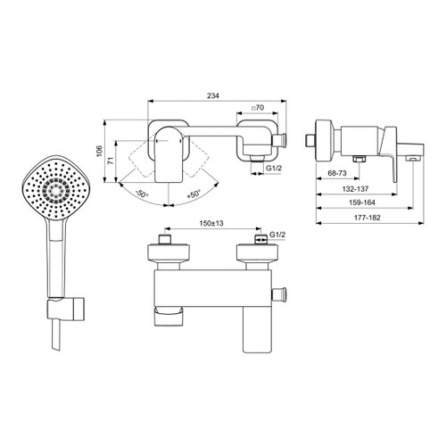 Immagine di Ideal Standard EDGE miscelatore monocomando esterno per vasca/doccia, con tubo flessibile e doccetta Evo Diamond, finitura cromo A7122AA