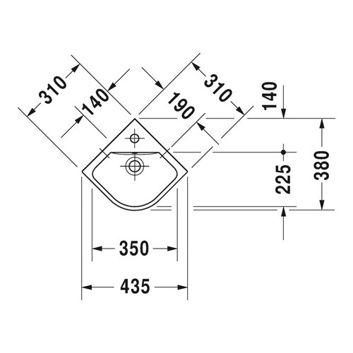 Immagine di Duravit ME BY STARCK lavamani d'angolo 43.5 cm monoforo, con troppopieno, con bordo per rubinetteria, lato inferiore smaltato, WonderGliss, colore bianco finitura opaco 07224332001