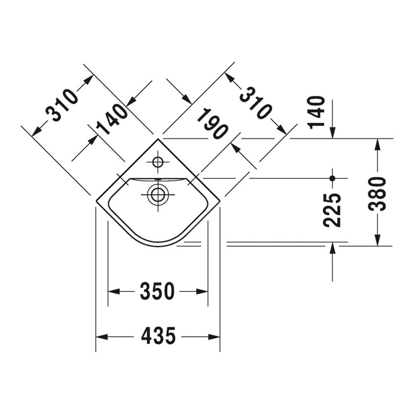 Immagine di Duravit ME BY STARCK lavamani d'angolo 43.5 cm monoforo, con troppopieno, con bordo per rubinetteria, lato inferiore smaltato, WonderGliss, colore bianco finitura opaco 07224332001