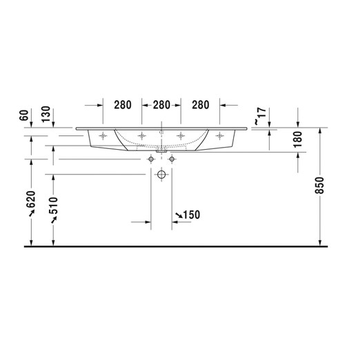 Immagine di Duravit ME BY STARCK lavabo consolle L.123 cm monoforo, con troppopieno, con bordo per rubinetteria, colore bianco 2336120000