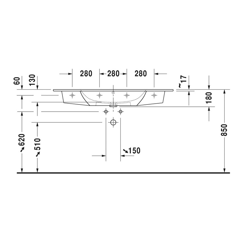 Immagine di Duravit ME BY STARCK lavabo consolle 123 cm monoforo, con troppopieno, con bordo per rubinetteria, WonderGliss, colore bianco 23361200001