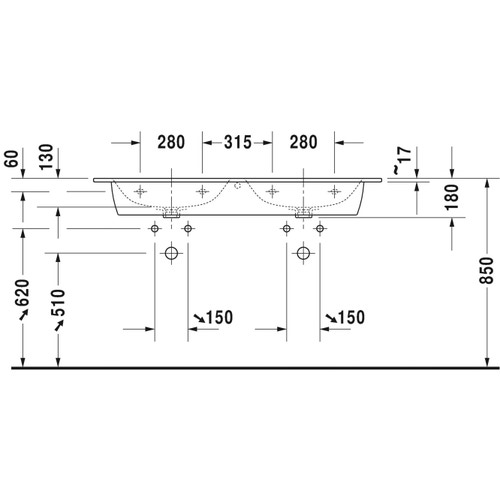Immagine di Duravit ME BY STARCK lavabo consolle doppio 130 cm monoforo, con troppopieno, con bordo per rubinetteria, WonderGliss, colore bianco 23361300001