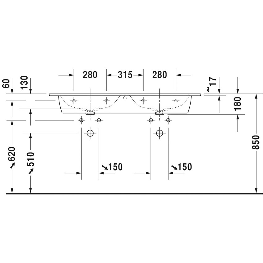 Immagine di Duravit ME BY STARCK lavabo consolle doppio 130 cm monoforo, con troppopieno, con bordo per rubinetteria, WonderGliss, colore bianco 23361300001