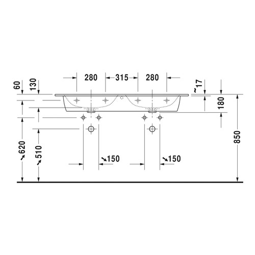 Immagine di Duravit ME BY STARCK lavabo consolle doppio 130 cm monoforo, con troppopieno, con bordo per rubinetteria, WonderGliss, colore bianco finitura opaco 23361332001