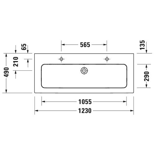 Immagine di Duravit ME BY STARCK lavabo consolle 123 cm con 2 fori distanziati per 2 rubinetterie monocomando, con troppopieno, con bordo per rubinetteria, colore bianco 2361120024