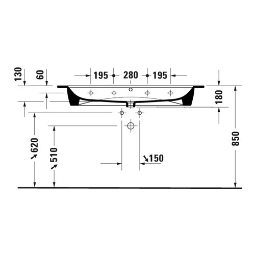 Immagine di Duravit ME BY STARCK lavabo consolle 123 cm con 2 fori distanziati per 2 rubinetterie monocomando, con troppopieno, con bordo per rubinetteria, WonderGliss, colore bianco 23611200241