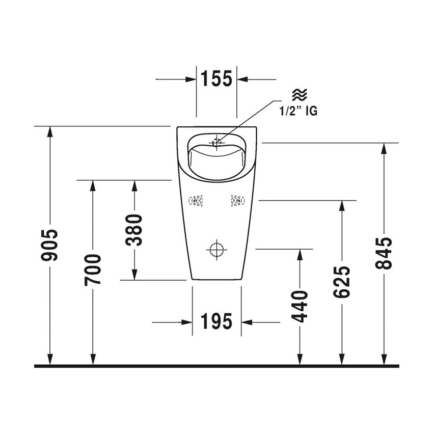 Immagine di Duravit ME BY STARCK orinatoio Rimless® senza brida, con entrata posteriore nascosta, ad aspirazione, scarico orizzontale, con mosca, WonderGliss, colore bianco 28093000071