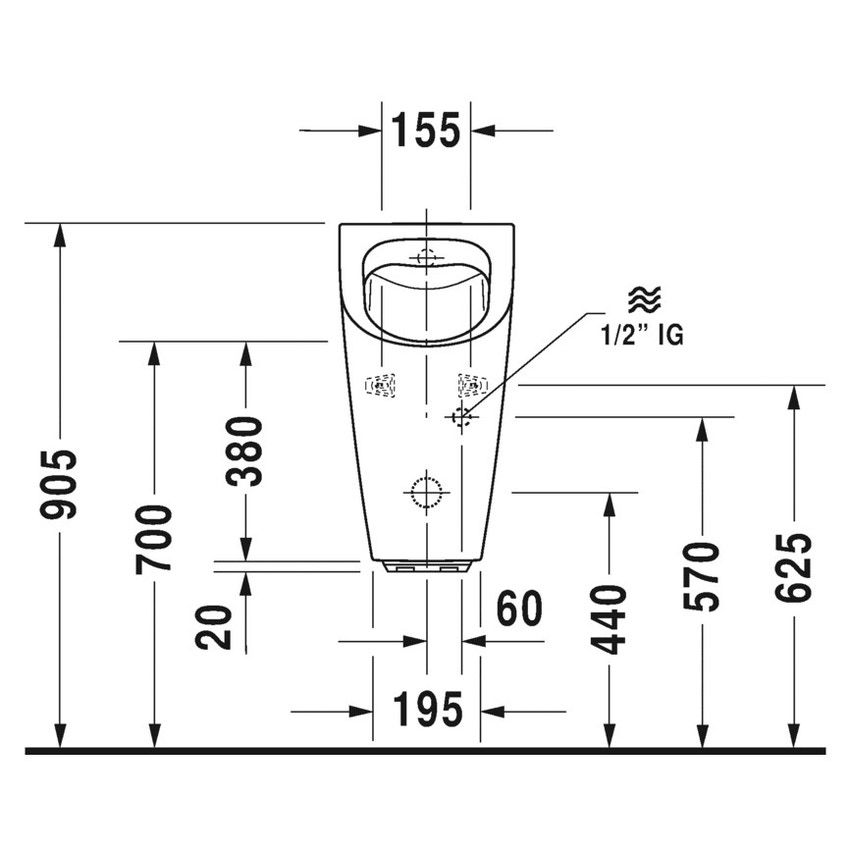 Immagine di Duravit ME BY STARCK orinatoio Rimless® modello elettronico a batteria, senza brida, entrata posteriore nascosta, ad aspirazione e con scarico orizzontale, senza mosca, colore bianco 2809310000