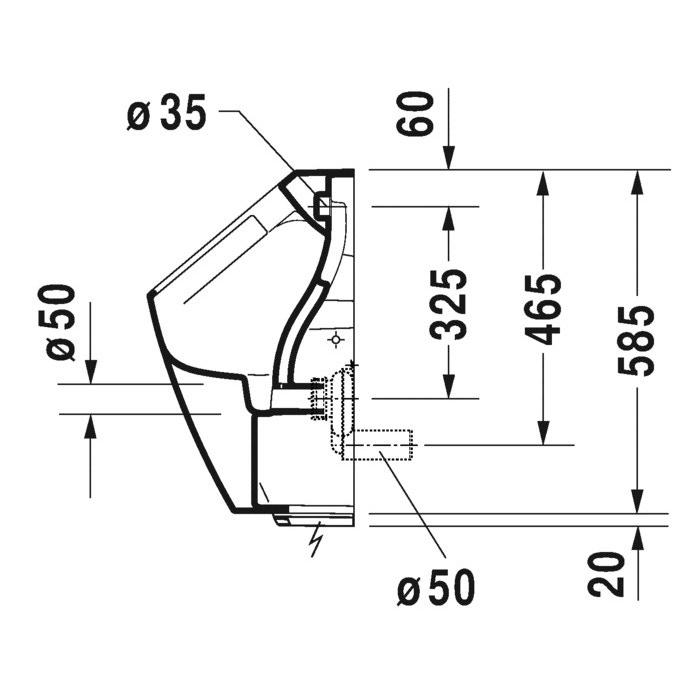 Immagine di Duravit ME BY STARCK orinatoio Rimless® modello elettronico a batteria, senza brida, entrata posteriore nascosta, ad aspirazione e con scarico orizzontale, con mosca, WonderGliss, colore bianco 28093100071