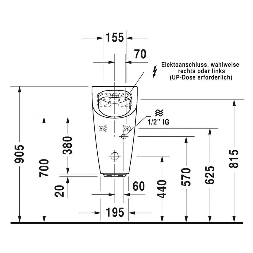 Immagine di Duravit ME BY STARCK orinatoio Rimless®, modello elettronico per allacciamento alla rete, senza brida, entrata posteriore nascosta, ad aspirazione, con scarico orizzontale, senza mosca, HygieneGlaze, colore bianco 2809312093