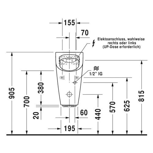 Immagine di Duravit ME BY STARCK orinatoio Rimless®, modello elettronico per allacciamento alla rete, senza brida, entrata posteriore nascosta, ad aspirazione, con scarico orizzontale, con mosca, HygieneGlaze, colore bianco 2809312097