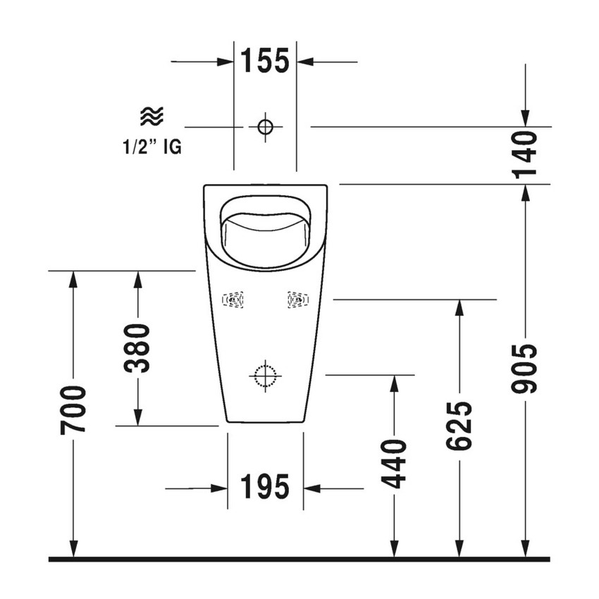 Immagine di Duravit ME BY STARCK orinatoio Rimless®, senza brida, con entrata vista dall'alto, ad aspirazione, scarico a scelta orizzontale nascosto o verticale a vista, con mosca, colore bianco 2815300007