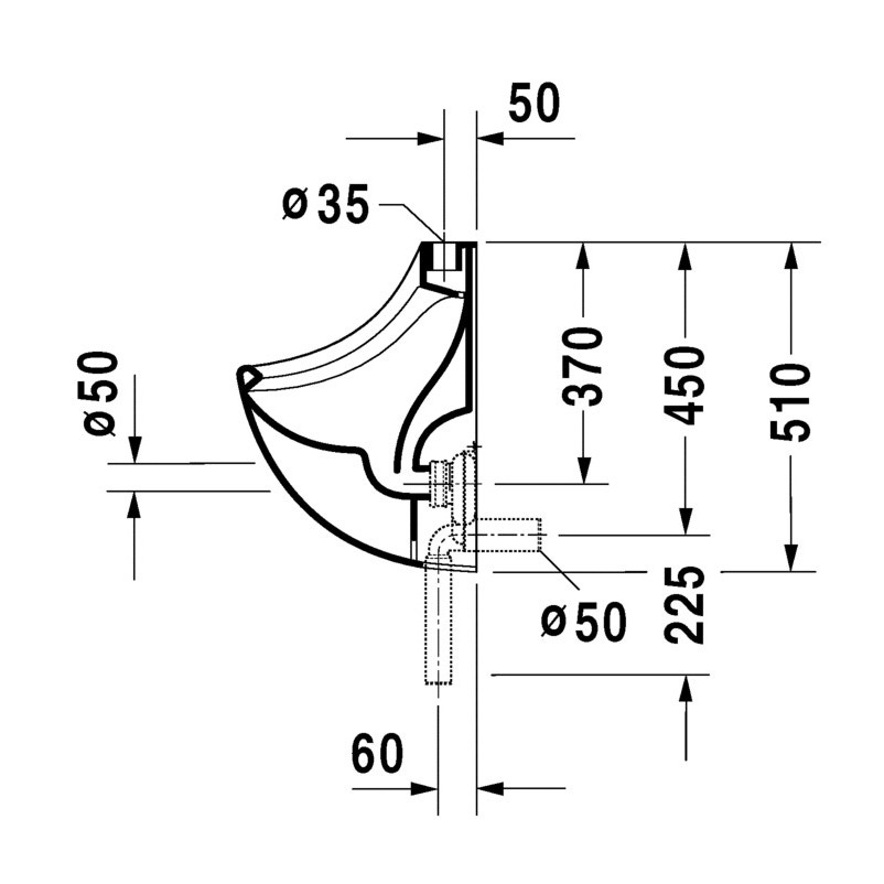 Immagine di Duravit ORINATOI Jim, entrata a vista dall'alto, ad aspirazione, scarico a scelta orizzontale nascosto o verticale a vista, senza mosca, colore bianco 0850350000