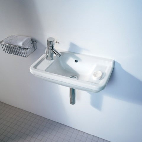 Immagine di Duravit STARCK 3 lavamani 50 cm con due fori diaframmati per rubinetteria, con troppopieno, con bordo per rubinetteria, lato inferiore smaltato, colore bianco 0751500000