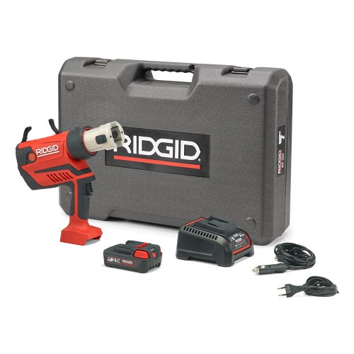 Immagine di Ridgid RP 350-B Pressatrice a pistola a batteria senza ganasce con caricabatterie rapido 220 V, batteria a Li-Ion 18 V 2.5 Ah e cassetta di trasporto 67088
