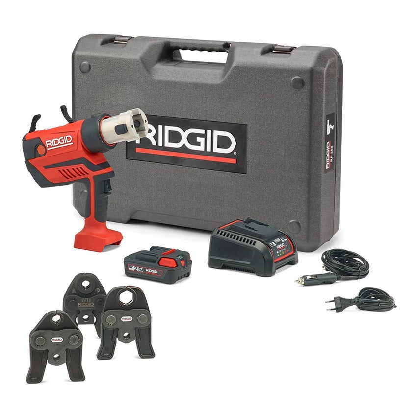 Immagine di Ridgid RP 350-B Pressatrice a pistola a batteria completo di ganasce TH 16-20-26 mm, caricabatterie rapido 220 V, batteria a Li-Ion 18 V 2.5 Ah e cassetta di trasporto 67108
