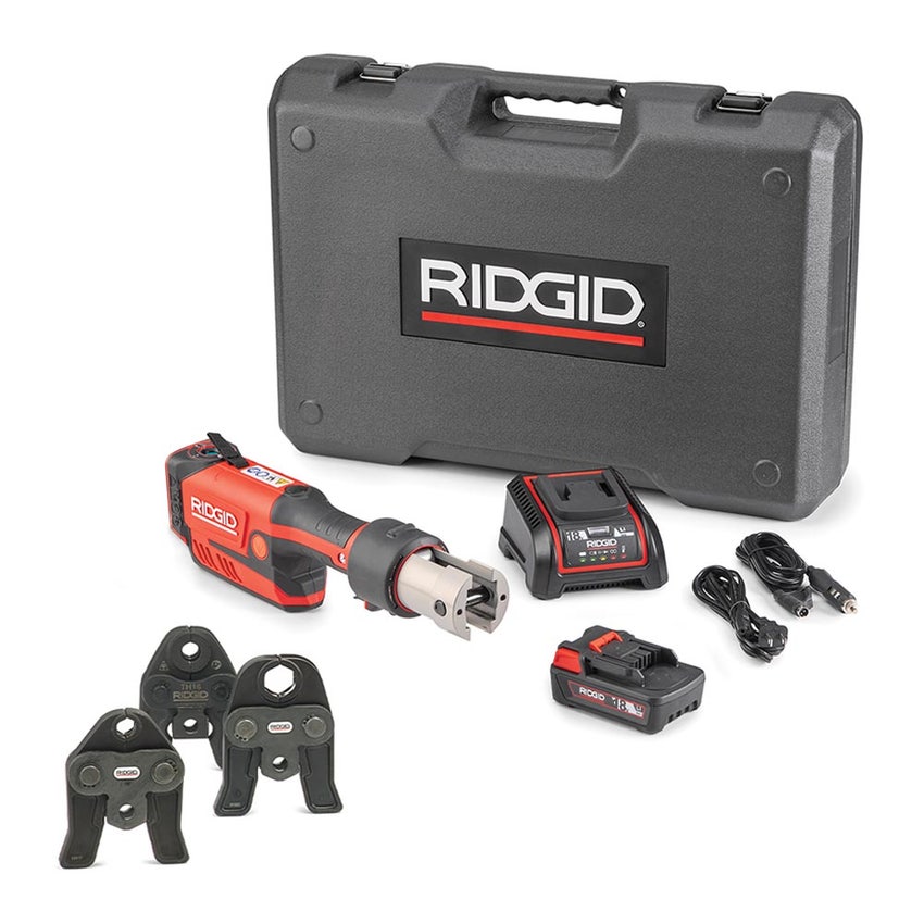 Immagine di Ridgid RP 351-B Pressatrice in linea a batteria completo di ganasce V 15-18-22 mm, caricabatterie rapido 220 V, batteria a Li-Ion 18 V 2.5 Ah e cassetta di trasporto 67233