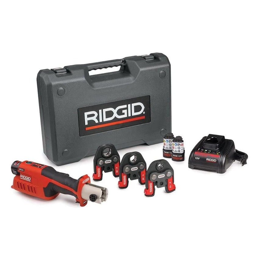 Immagine di Ridgid RP 241 Pressatrice in linea a batteria completo di ganasce RF-s16-20-25 mm, caricabatterie veloce, 2 batterie Litio Advanced 12 V 2.5 Ah e cassetta 59183