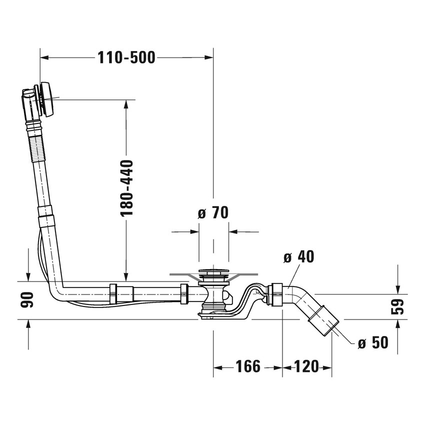 Immagine di Duravit Colonna di scarico con troppopieno Quadroval, per vasche con scarico centrale, finitura cromo 792202000001000