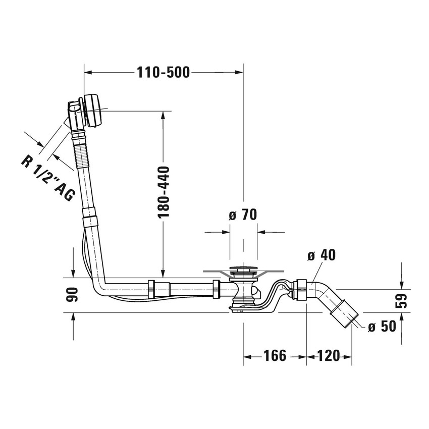 Immagine di Duravit Colonna di scarico con erogazione dal troppopieno Quadroval, per vasche con scarico centrale, finitura cromo 792203000001000