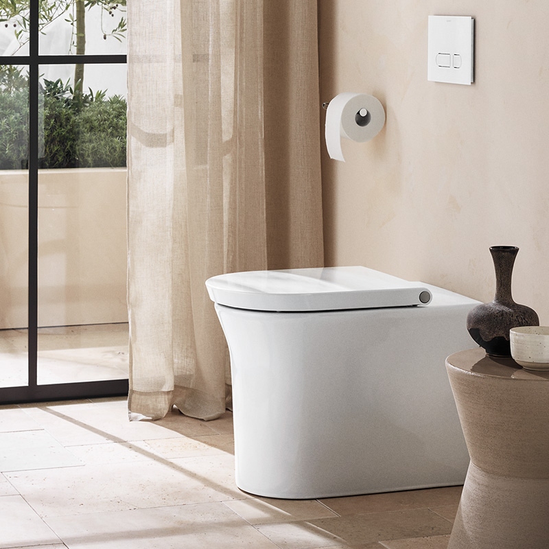 Immagine di Duravit WHITE TULIP vaso a pavimento, a filo parete, Rimless®, con scarico orizzontale, UWL classe 1, senza sedile, Wondergliss, colore bianco 20010900001