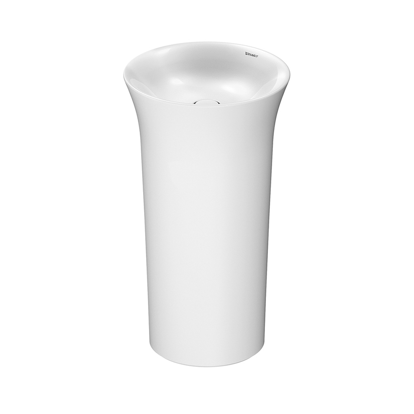 Immagine di Duravit WHITE TULIP lavabo freestanding Ø 50 cm, con rettifica, senza troppopieno, con apertura per allacciamento a parete, Wondergliss, colore bianco 27025000701