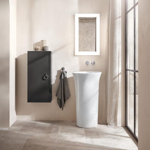 Immagine di Duravit WHITE TULIP lavabo freestanding Ø 50 cm, con rettifica, senza troppopieno, con apertura per allacciamento a pavimento, colore bianco 2703500070